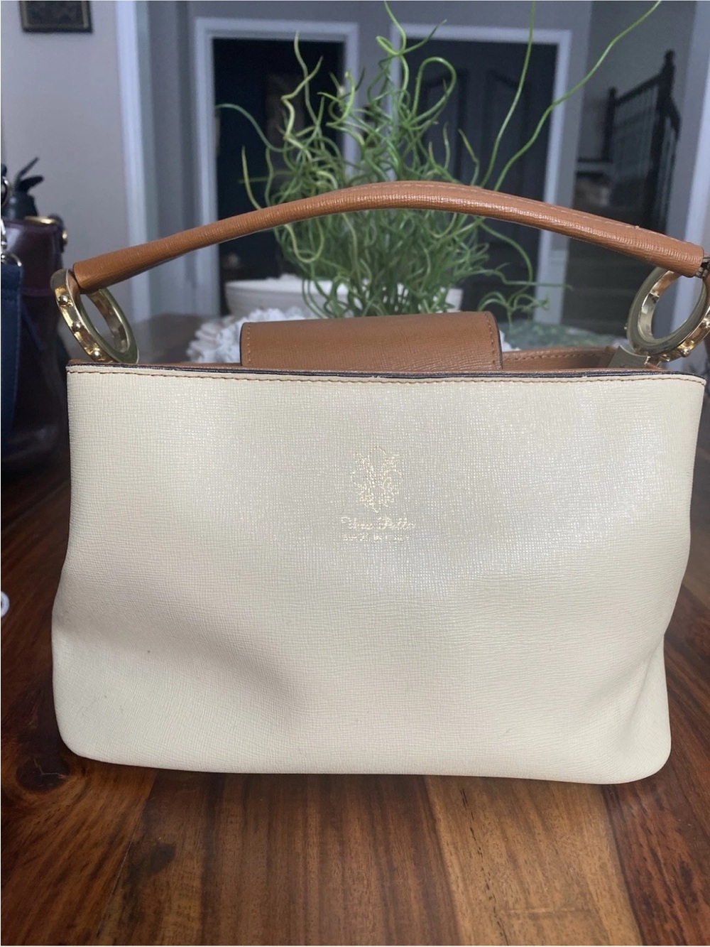 Vera pelle made in Italy Cream and Tan Leather Top-Handle Women's Bag